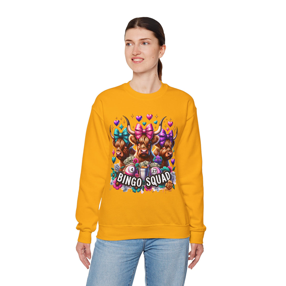 Cute Highland Cows Bingo Squad – Gildan Heavy Blend | Trendy Women’s Soft Sweatshirt. Direct to Garment. Printed & Shipped in the USA. Unisex Sizes.