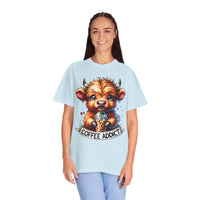 Coffee Addict Highland Cow Drinking Iced Coffee - Comfort Colors | Trendy Women's T-Shirt. Direct to Garment. Printed & Shipped in the USA. Unisex Sizes.
