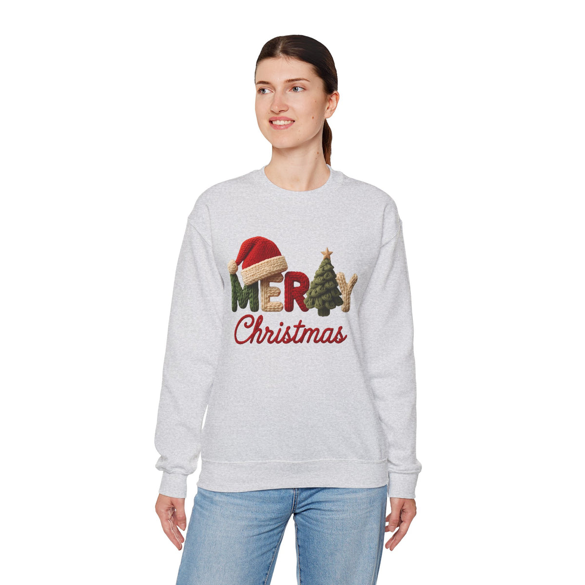Merry Christmas Faux Yarn w/Santa Hat & Tree – Gildan Heavy Blend | Trendy Women’s Soft Sweatshirt. Direct to Garment. Printed & Shipped in the USA. Unisex Sizes.
