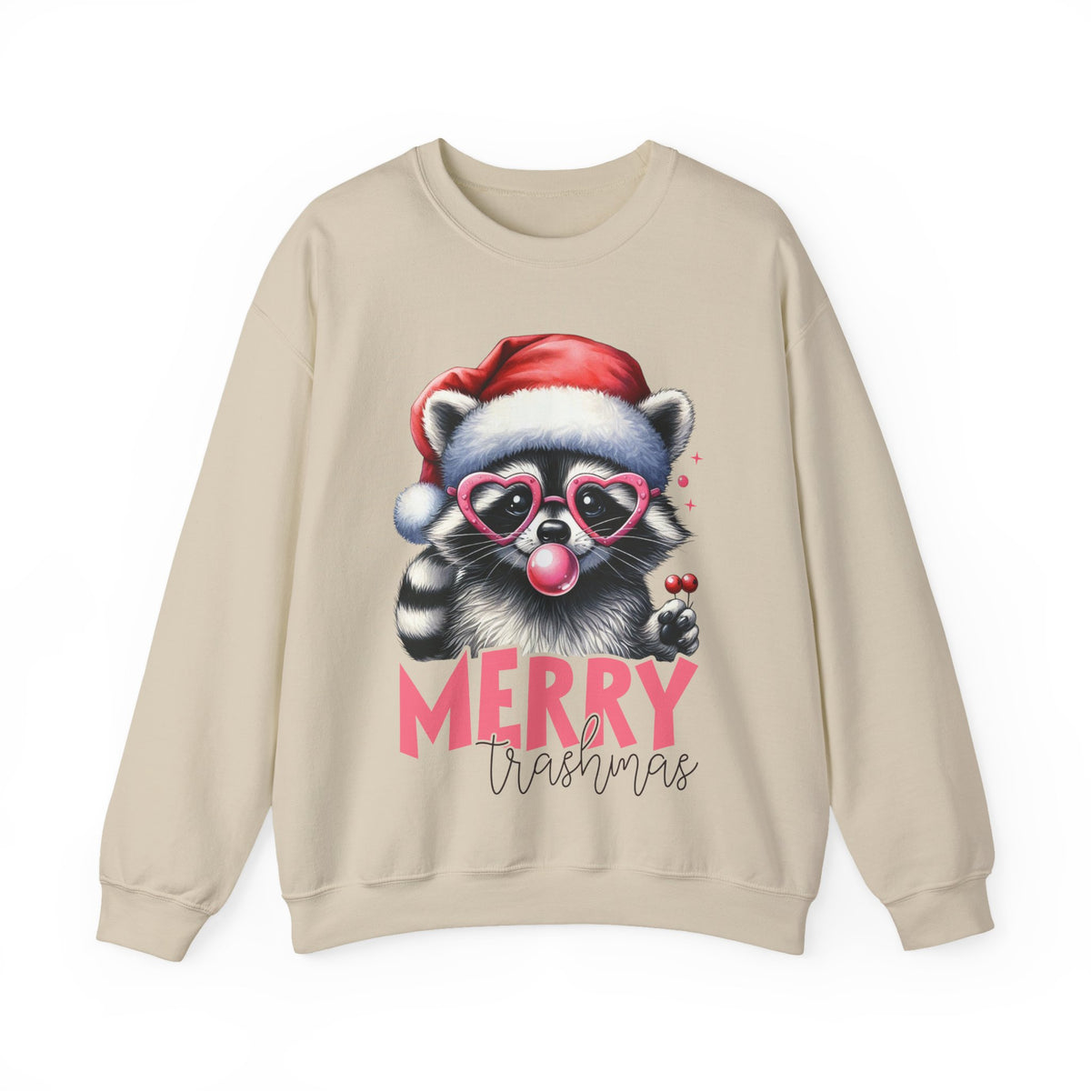Merry Trashmas Bubblegum Raccoon w/Santa Hat Christmas – Gildan Heavy Blend | Trendy Women’s Soft Sweatshirt. Direct to Garment. Printed & Shipped in the USA. Unisex Sizes.