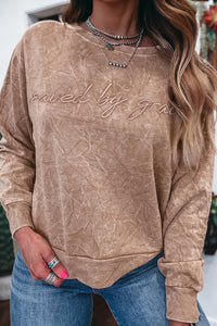 Saved By Grace (Beige) Letter Embroidery Mineral Wash Loose Sweatshirt