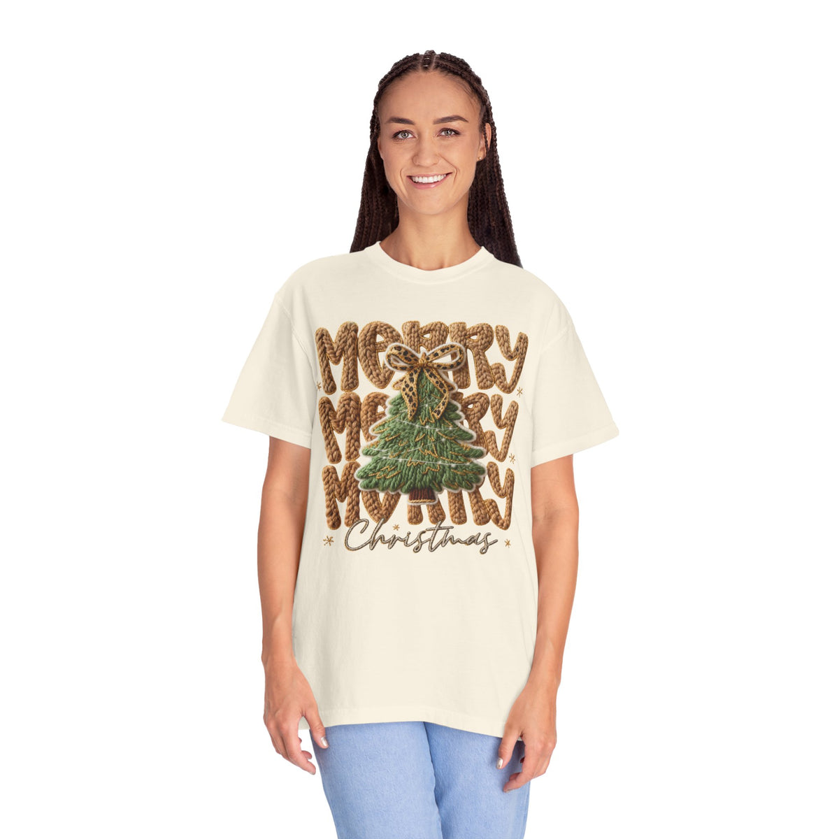 Merry Merry Merry Christmas, Faux Latch Hook Yarn - Comfort Colors | Trendy Women's T-Shirt. Direct to Garment. Printed & Shipped in the USA. Unisex Sizes.