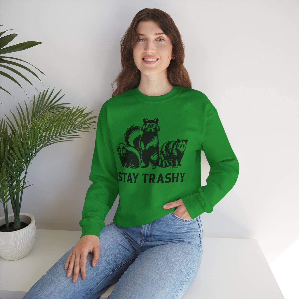 Stay Trashy, Skunk Raccoon Possum – Gildan Heavy Blend | Trendy Women’s and Men's Soft Sweatshirt. Direct to Garment. Printed & Shipped in the USA. Unisex Sizes.