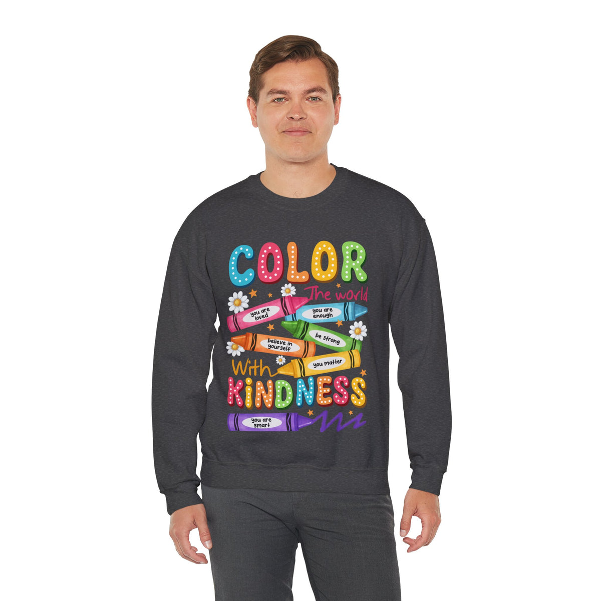 Color the World With Kindness Crayons, Great Teacher Gift – Gildan Heavy Blend | Trendy Women’s and Men's Soft Sweatshirt. Direct to Garment. Printed & Shipped in the USA. Unisex Sizes.