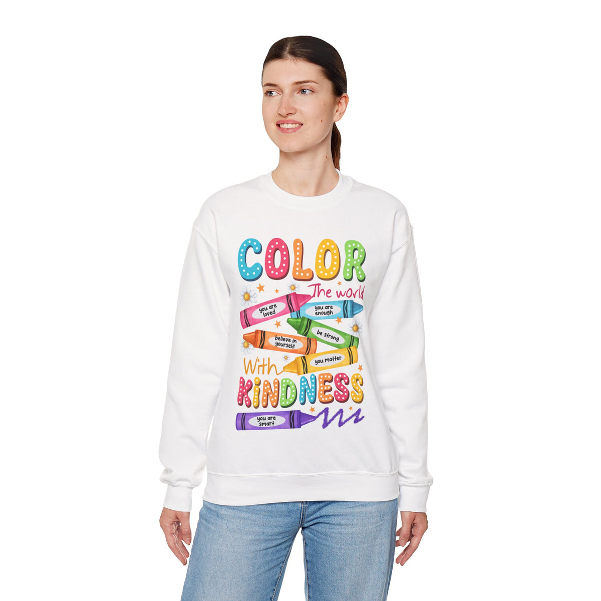 Color the World With Kindness Crayons, Great Teacher Gift – Gildan Heavy Blend | Trendy Women’s and Men's Soft Sweatshirt. Direct to Garment. Printed & Shipped in the USA. Unisex Sizes.