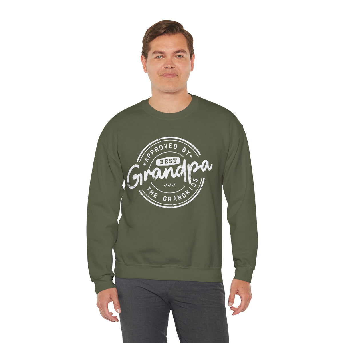 Best Grandpa, Approved by the Grandkids – Gildan Heavy Blend | Trendy Men's Soft Sweatshirt. Direct to Garment. Printed & Shipped in the USA. Unisex Sizes.