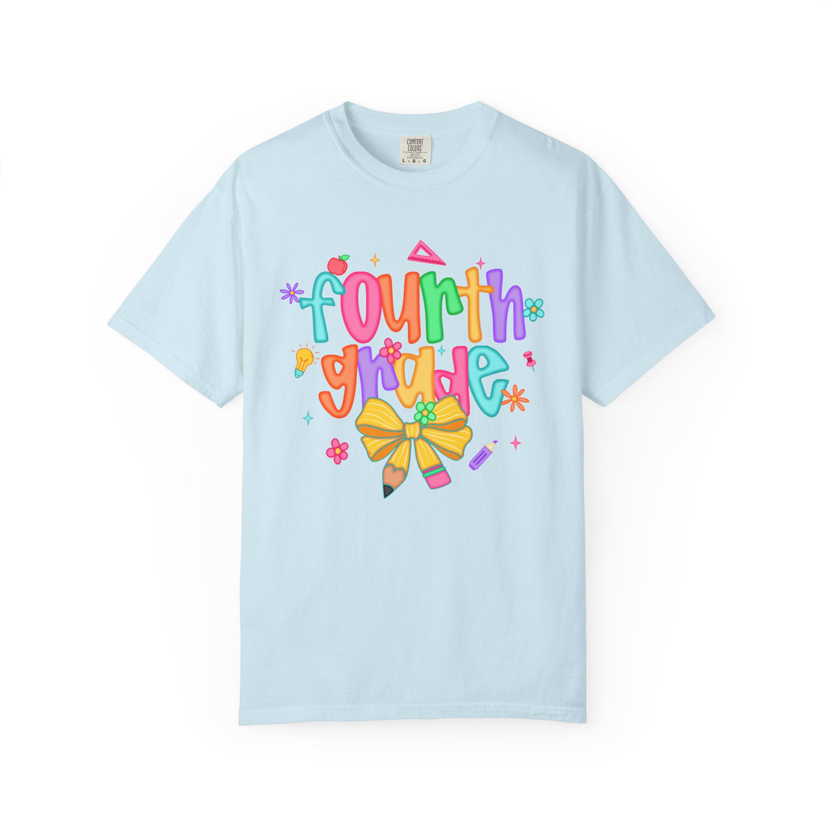 Coquette Fourth Grade Pencil Bow - Comfort Colors | Trendy Women's T-Shirt. Direct to Garment. Printed & Shipped in the USA. Unisex Sizes.