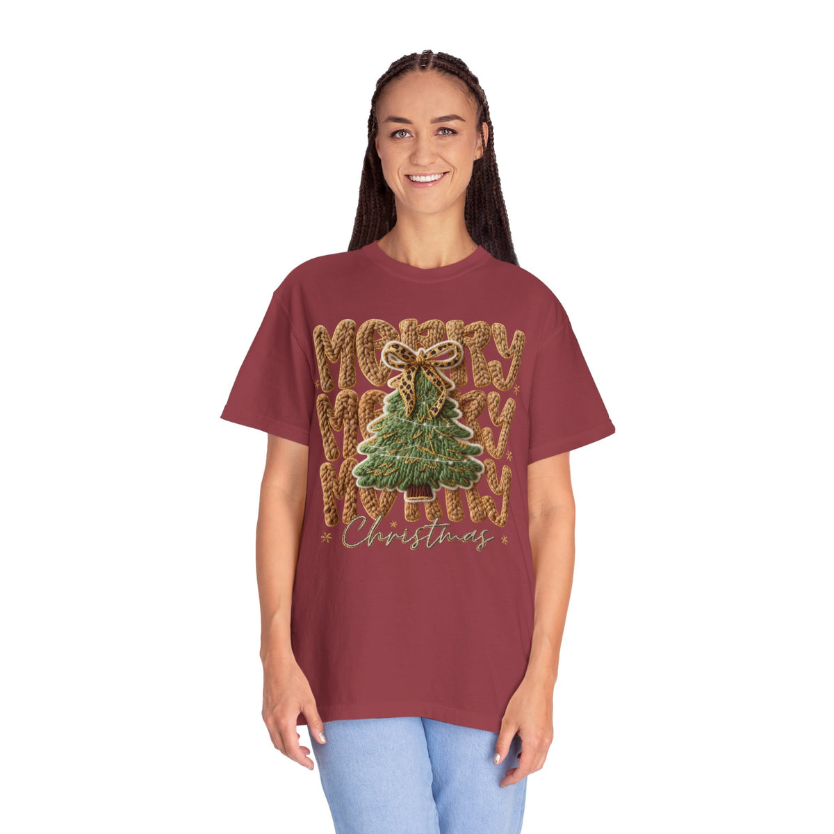 Merry Merry Merry Christmas, Faux Latch Hook Yarn - Comfort Colors | Trendy Women's T-Shirt. Direct to Garment. Printed & Shipped in the USA. Unisex Sizes.
