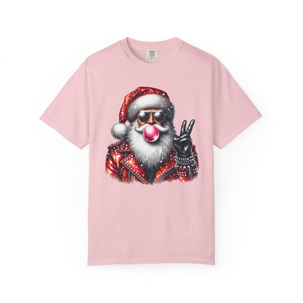 Biker Santa Leather Jacket Bubblegum - Comfort Colors | Trendy Women's and Men's T-Shirt. Direct to Garment. Printed & Shipped in the USA. Unisex Sizes.