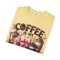 Coffee Is My Soul Food, Iced Coffee, Pink Bow - Comfort Colors | Trendy Women's T-Shirt. Direct to Garment. Printed & Shipped in the USA. Unisex Sizes.