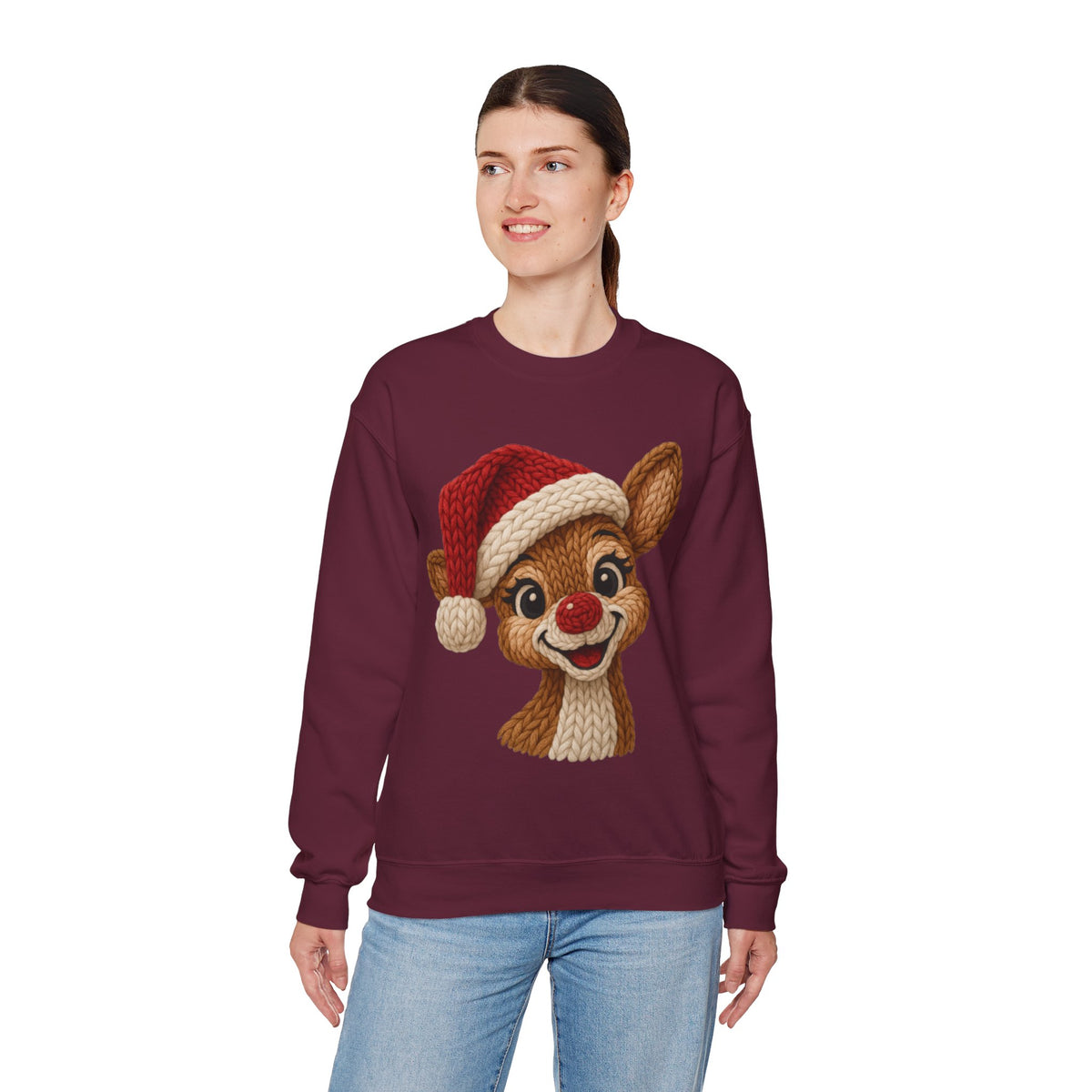 Cute Rudolph Faux Knit Look Reindeer w/Santa Hat – Gildan Heavy Blend | Trendy Women’s Soft Sweatshirt. Direct to Garment. Printed & Shipped in the USA. Unisex Sizes.