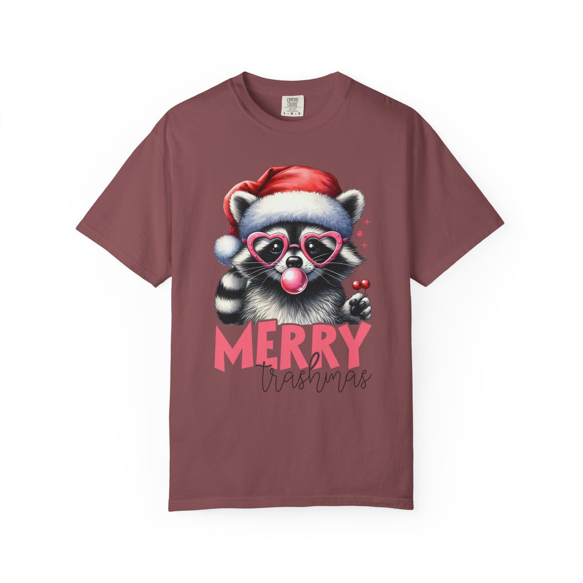 Merry Trashmas Bubblegum Raccoon w/Santa Hat Christmas - Comfort Colors | Trendy Women's T-Shirt. Direct to Garment. Printed & Shipped in the USA. Unisex Sizes.