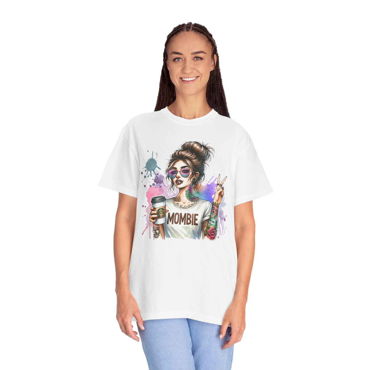 Cool Mombie with Coffee Peace Tattoo - Comfort Colors | Trendy Women's T-Shirt. Direct to Garment. Printed & Shipped in the USA. Unisex Sizes.