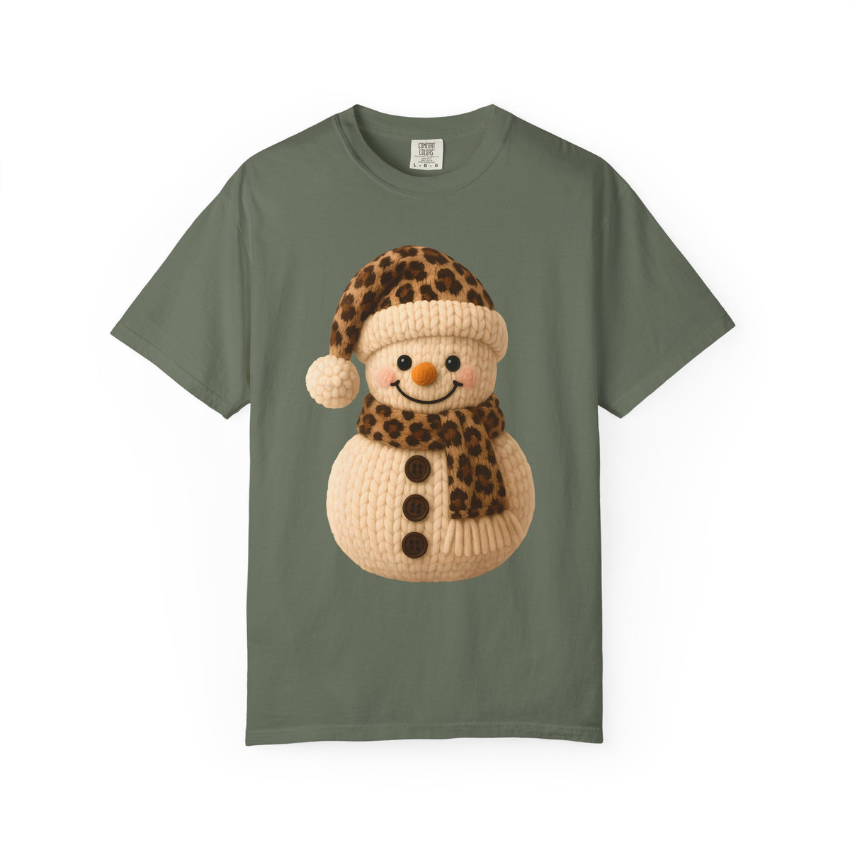 Cute Leopard Faux Knit Snowman Winter - Comfort Colors | Trendy Women's T-Shirt. Direct to Garment. Printed & Shipped in the USA. Unisex Sizes.