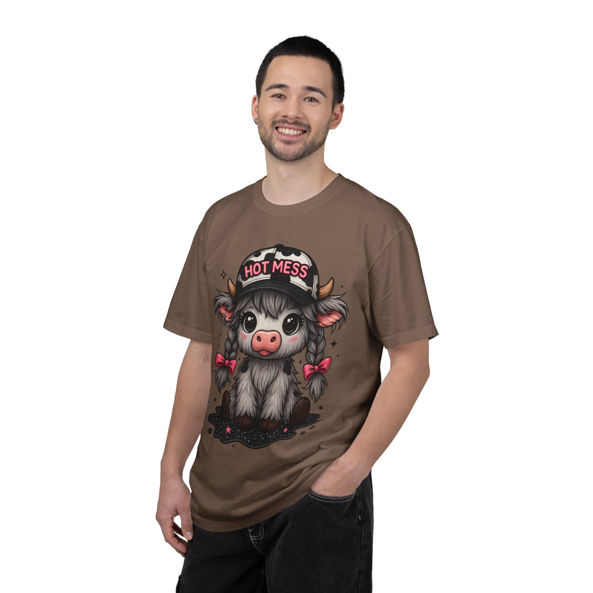 Cute Highland Cow 'Hot Mess' In Braids  - Comfort Colors | Trendy Women's T-Shirt. Direct to Garment. Printed & Shipped in the USA. Unisex Sizes.