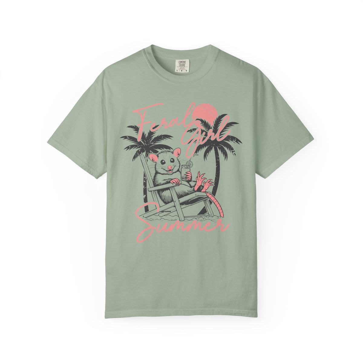 Feral Girl Summer, Possum on a Beach - Comfort Colors | Trendy Women's T-Shirt. Direct to Garment. Printed & Shipped in the USA. Unisex Sizes.