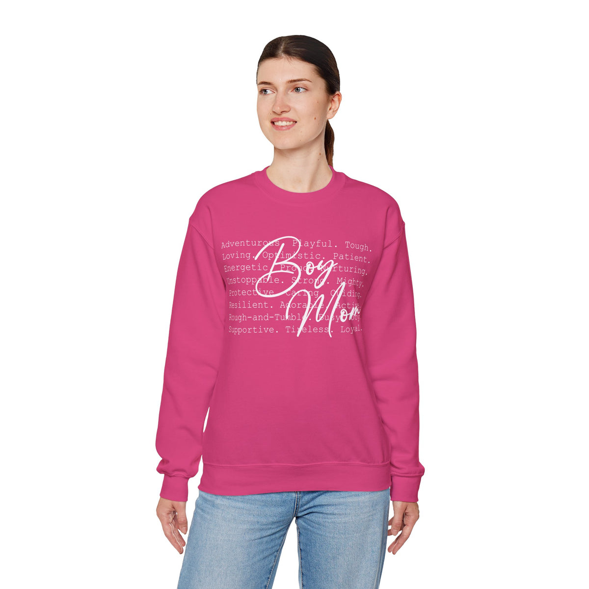 Boy Mom Typography – Gildan Heavy Blend | Trendy Women’s Soft Sweatshirt. Direct to Garment. Printed & Shipped in the USA. Unisex Sizes.