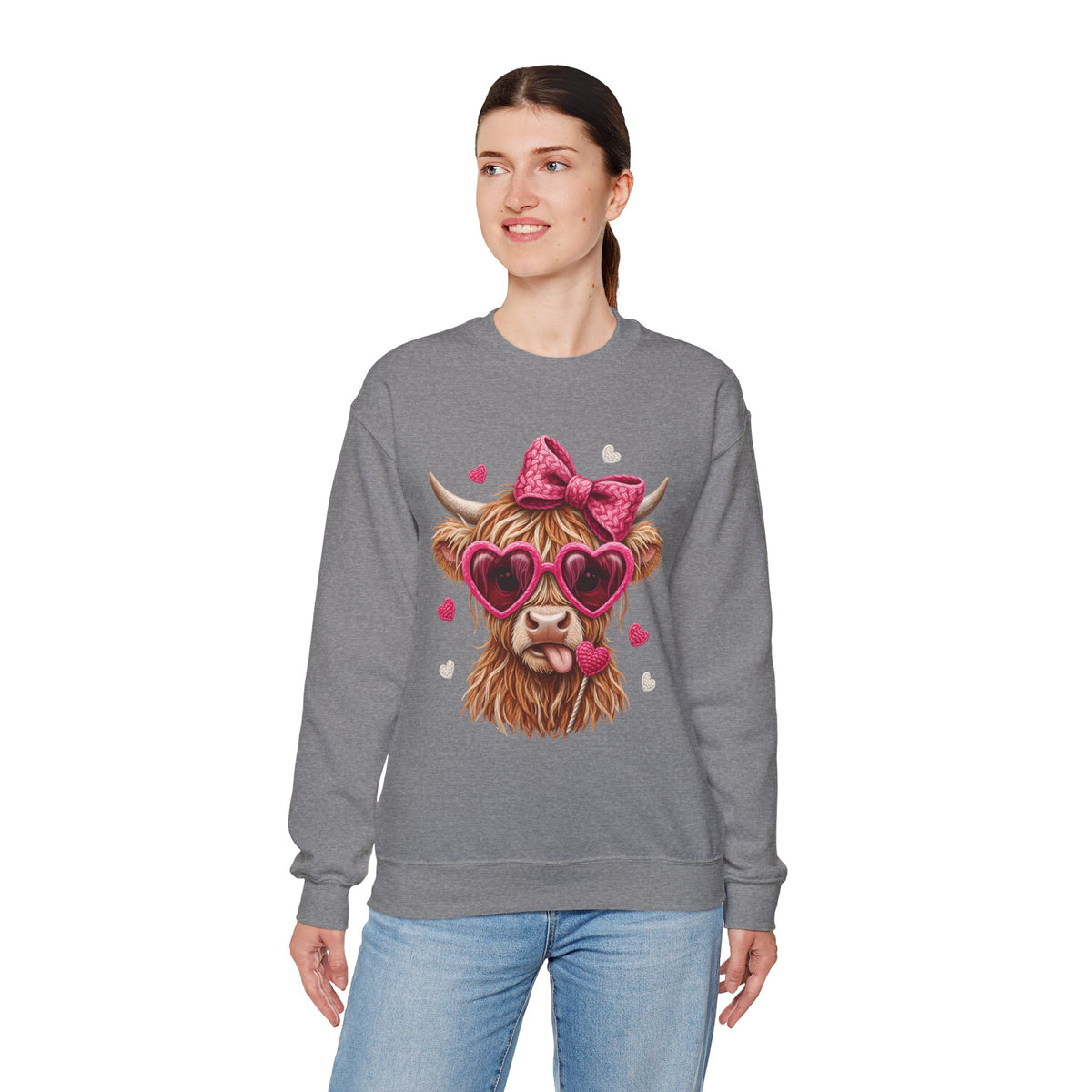 Highland Cow - Pink Heart Shaped Glasses – Gildan Heavy Blend | Trendy Women’s Soft Sweatshirt. Direct to Garment. Printed & Shipped in the USA. Unisex Sizes.