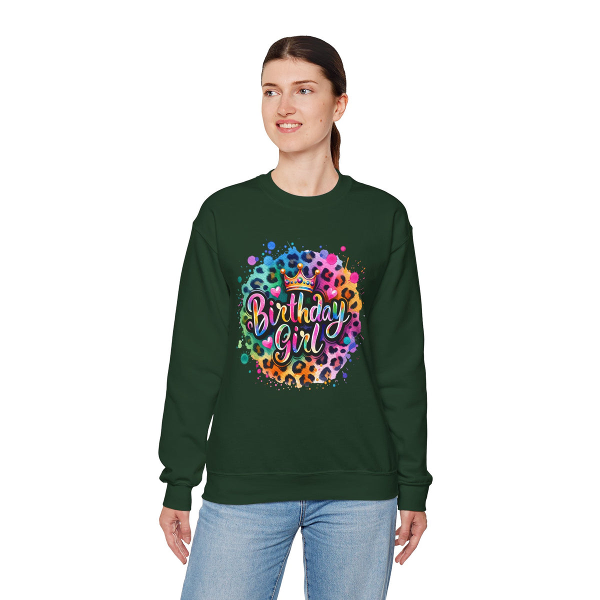 Birthday Girl, Neon Leopard – Gildan Heavy Blend | Trendy Women’s Soft Sweatshirt. Direct to Garment. Printed & Shipped in the USA. Unisex Sizes.