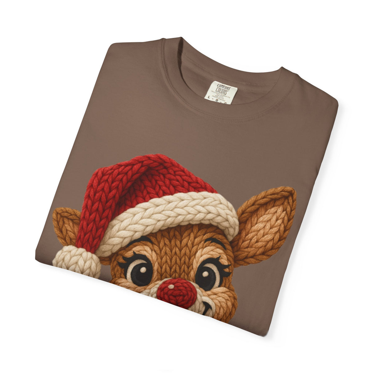 Cute Rudolph Faux Knit Look Reindeer w/Santa Hat - Comfort Colors | Trendy Women's T-Shirt. Direct to Garment. Printed & Shipped in the USA. Unisex Sizes.
