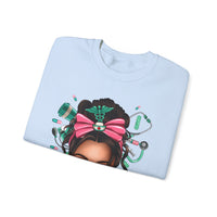 Nurse Life Messy Bun, Cute Stethoscope & Syringe – Gildan Heavy Blend | Trendy Women’s Soft Sweatshirt. Direct to Garment. Printed & Shipped in the USA. Unisex Sizes.