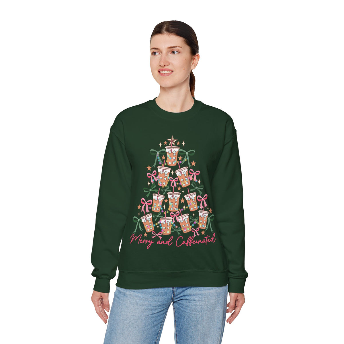 Merry and Caffeinated Iced Coffee Christmas Tree – Gildan Heavy Blend | Trendy Women’s Soft Sweatshirt. Direct to Garment. Printed & Shipped in the USA. Unisex Sizes.