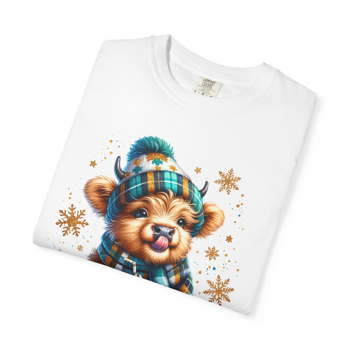 Winter Baby Highland Cow with Cocoa  - Comfort Colors | Trendy Women's T-Shirt. Direct to Garment. Printed & Shipped in the USA. Unisex Sizes.