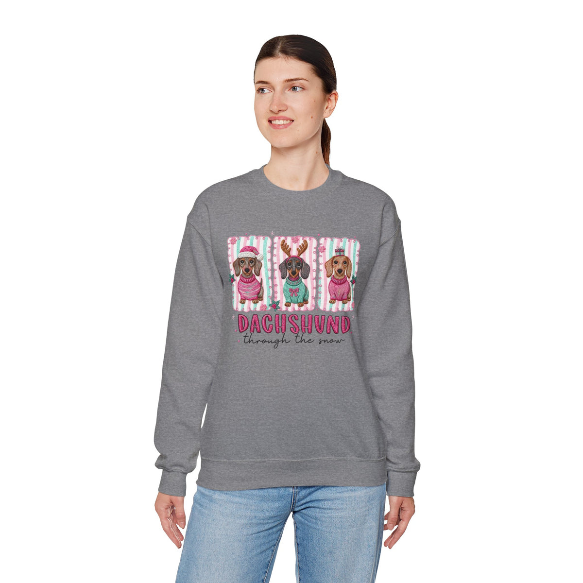 Dachshund Through the Snow – Gildan Heavy Blend | Trendy Women’s Soft Sweatshirt. Direct to Garment. Printed & Shipped in the USA. Unisex Sizes.