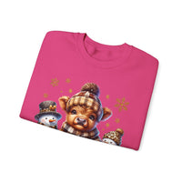 Cute Highland Cow with Snowmen, Winter – Gildan Heavy Blend | Trendy Women’s Soft Sweatshirt. Direct to Garment. Printed & Shipped in the USA. Unisex Sizes.