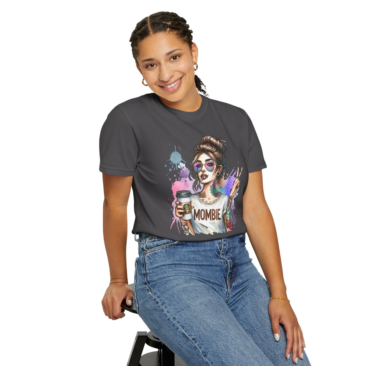 Cool Mombie with Coffee Peace Tattoo - Comfort Colors | Trendy Women's T-Shirt. Direct to Garment. Printed & Shipped in the USA. Unisex Sizes.