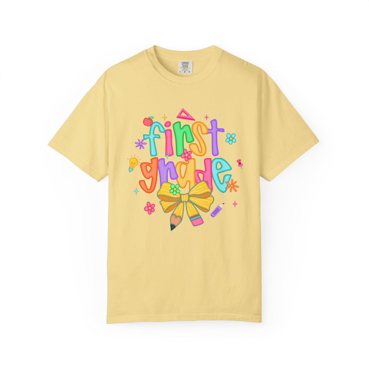 Coquette First Grade Pencil Bow - Comfort Colors | Trendy Women's T-Shirt. Direct to Garment. Printed & Shipped in the USA. Unisex Sizes.