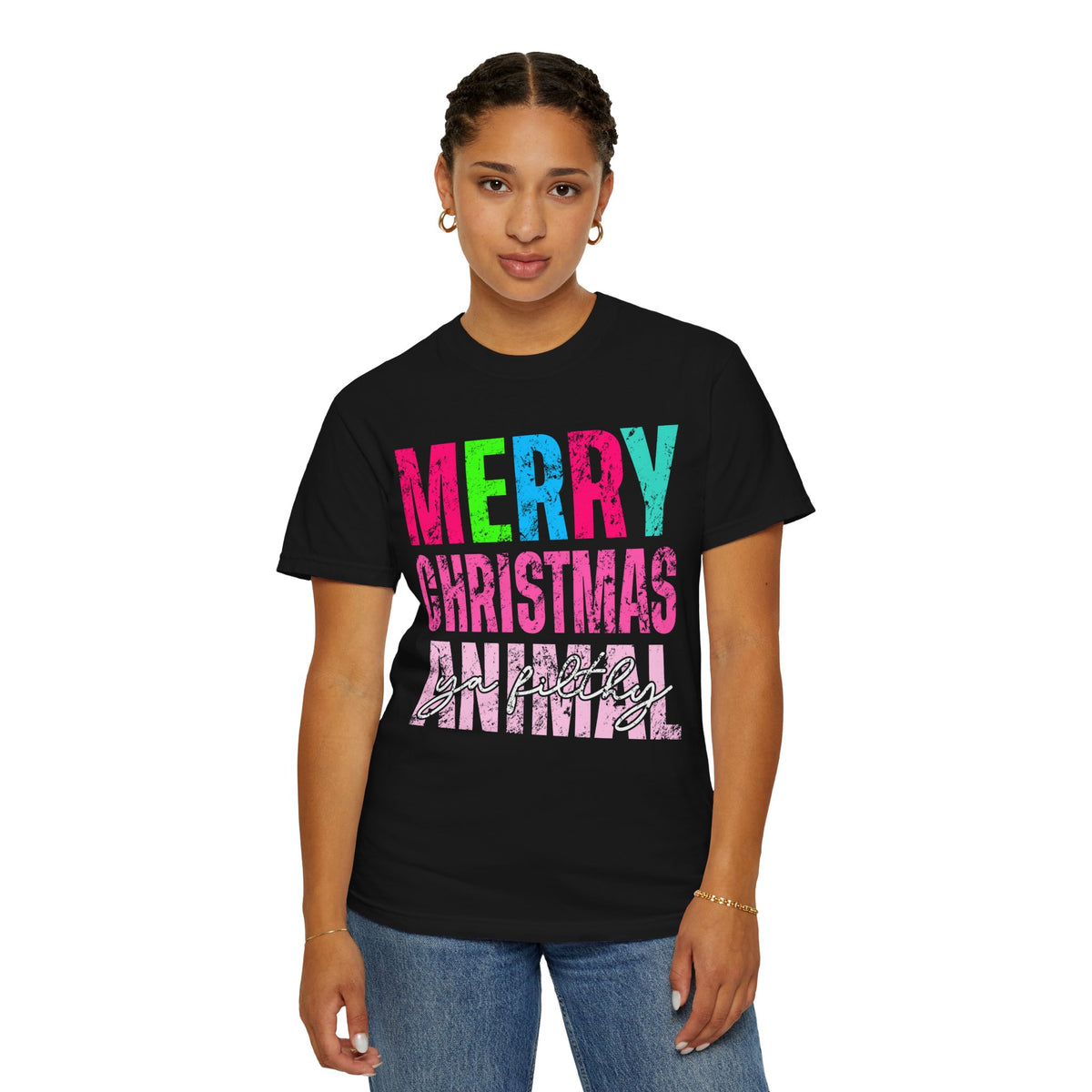 Merry Christmas Ya Filthy Animal - Comfort Colors | Trendy Women's T-Shirt. Direct to Garment. Printed & Shipped in the USA. Unisex Sizes.