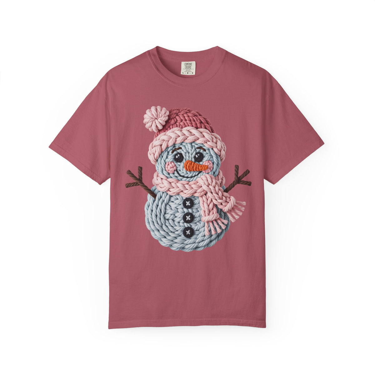 Cute Yarn Snowman - Pink Scarf - Comfort Colors | Trendy Women's T-Shirt. Direct to Garment. Printed & Shipped in the USA. Unisex Sizes.