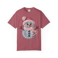 Cute Yarn Snowman - Pink Scarf - Comfort Colors | Trendy Women's T-Shirt. Direct to Garment. Printed & Shipped in the USA. Unisex Sizes.