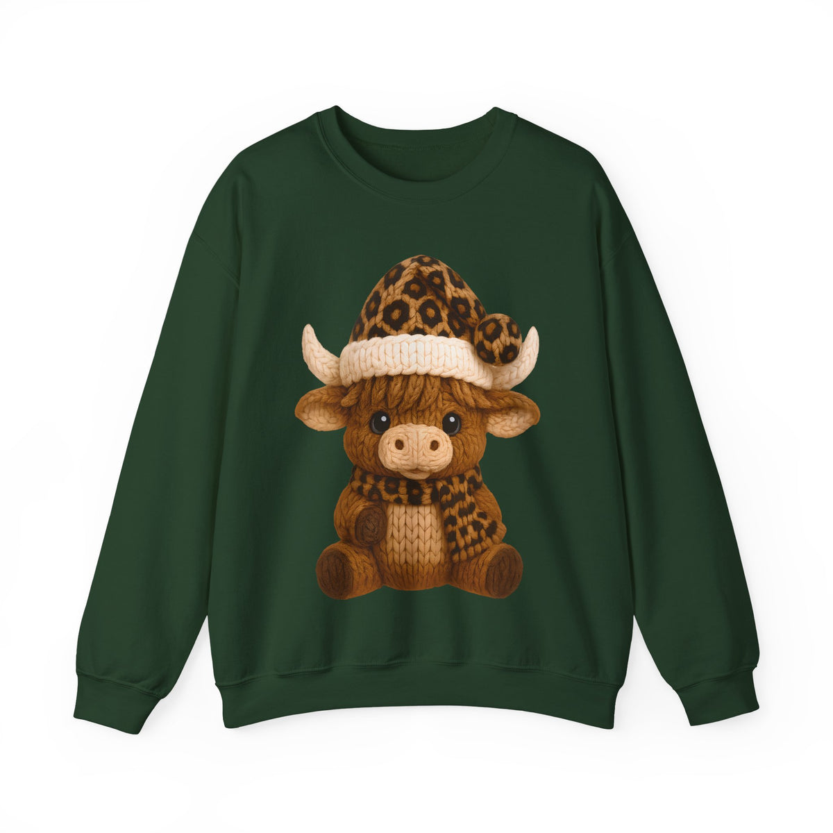 Cute Highland Cow with Leopard Santa Hat Christmas – Gildan Heavy Blend | Trendy Women’s Soft Sweatshirt. Direct to Garment. Printed & Shipped in the USA. Unisex Sizes.