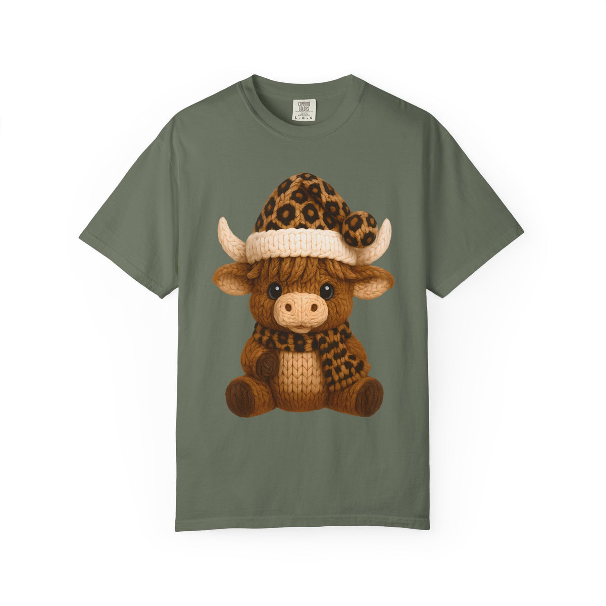 Cute Highland Cow with Leopard Santa Hat Christmas - Comfort Colors | Trendy Women's T-Shirt. Direct to Garment. Printed & Shipped in the USA. Unisex Sizes.