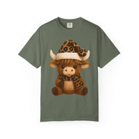 Cute Highland Cow with Leopard Santa Hat Christmas - Comfort Colors | Trendy Women's T-Shirt. Direct to Garment. Printed & Shipped in the USA. Unisex Sizes.