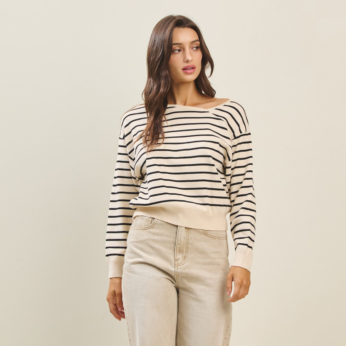 Asymmetric Boat Neck Cream & Black Sweater