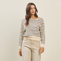 Asymmetric Boat Neck Cream & Black Sweater