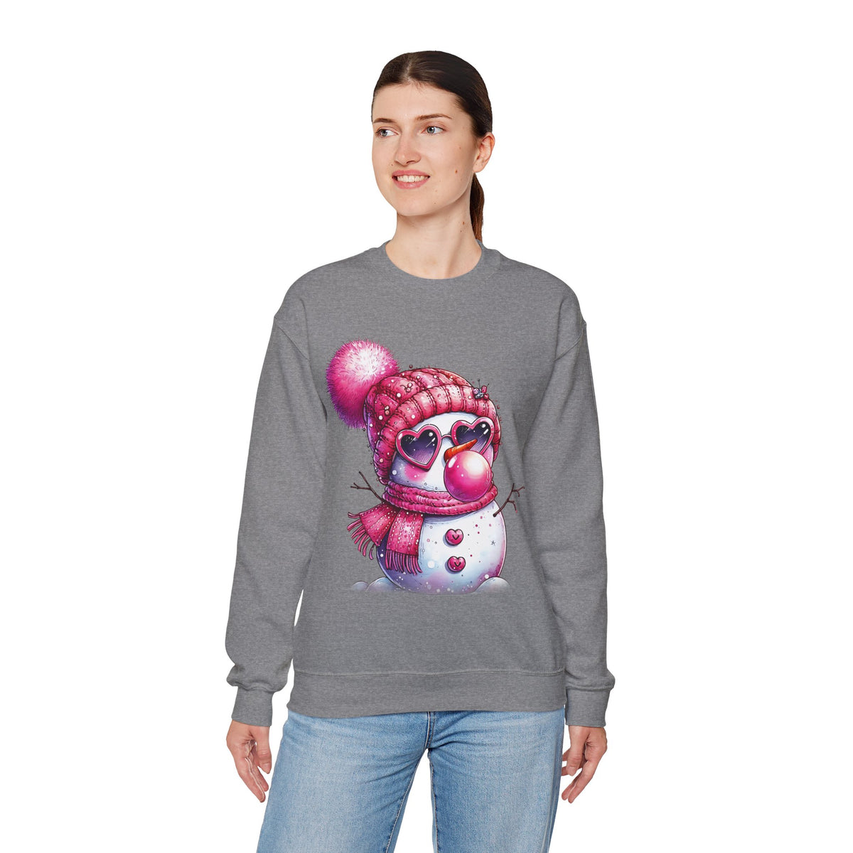 Pink Girly Snowman with Heart Sunglasses and Bubblegum - Winter – Gildan Heavy Blend | Trendy Women’s Soft Sweatshirt. Direct to Garment. Printed & Shipped in the USA. Unisex Sizes.