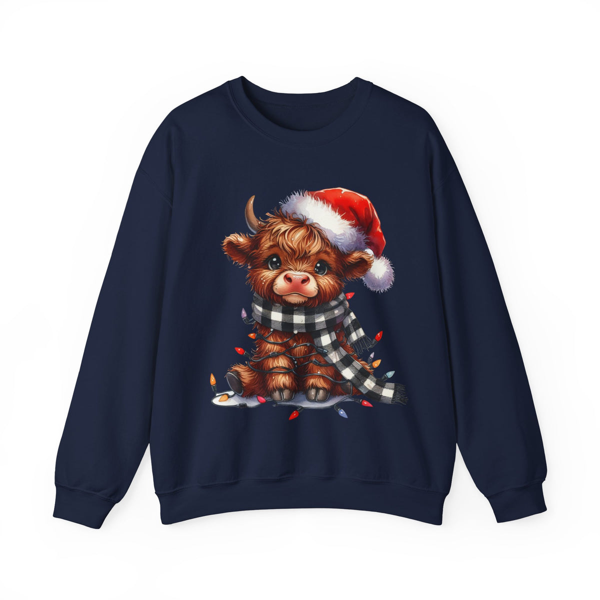 Cute Highland Cow Santa Hat Scarf Christmas Lights – Gildan Heavy Blend | Trendy Women’s Soft Sweatshirt. Direct to Garment. Printed & Shipped in the USA. Unisex Sizes.
