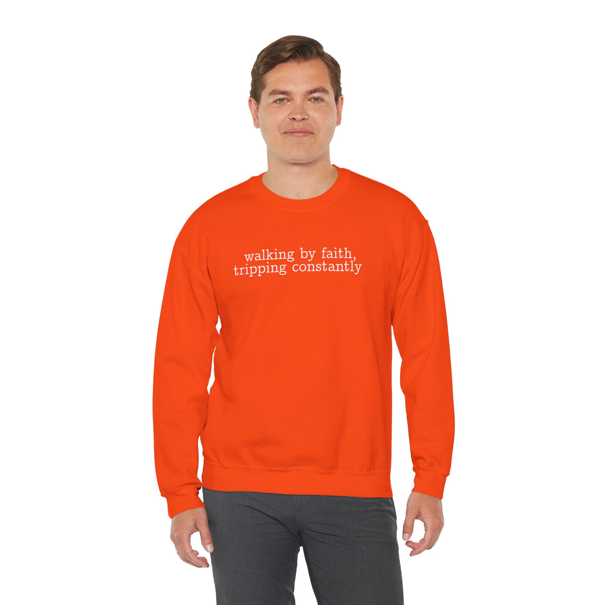Walking By Faith, Tripping Constantly - Minimalist Design – Gildan Heavy Blend | Trendy Men's and Women’s Soft Sweatshirt. Direct to Garment. Printed & Shipped in the USA. Unisex Sizes.