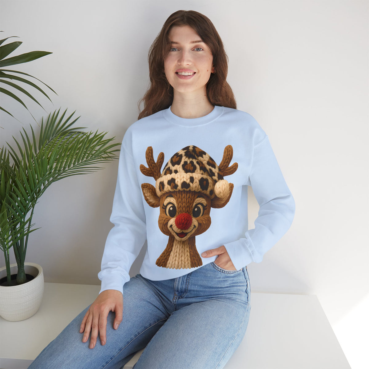 Rudolph Reindeer Leopard Santa Hat Christmas – Gildan Heavy Blend | Trendy Women’s Soft Sweatshirt. Direct to Garment. Printed & Shipped in the USA. Unisex Sizes.