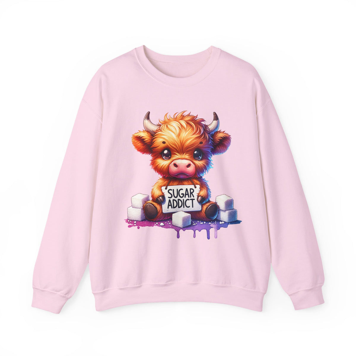Sugar Addict Highland Cow – Gildan Heavy Blend | Trendy Women’s Soft Sweatshirt. Direct to Garment. Printed & Shipped in the USA. Unisex Sizes.