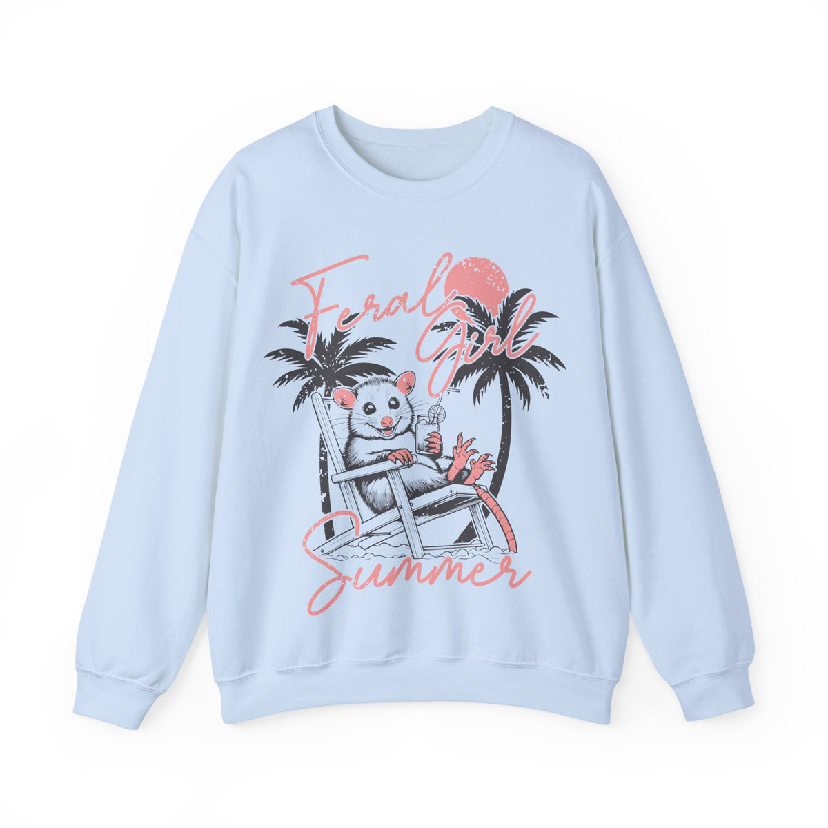 Feral Girl Summer, Possum on a Beach – Gildan Heavy Blend | Trendy Women’s Soft Sweatshirt. Direct to Garment. Printed & Shipped in the USA. Unisex Sizes.