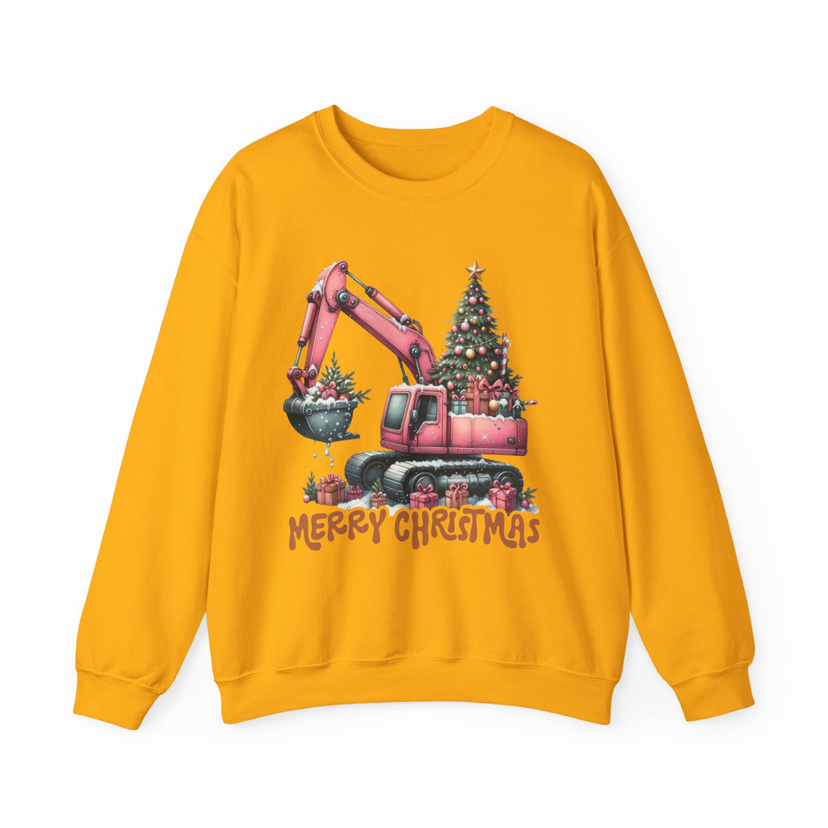 Excavator Merry Christmas Construction – Gildan Heavy Blend | Trendy Women’s Soft Sweatshirt. Direct to Garment. Printed & Shipped in the USA. Unisex Sizes.