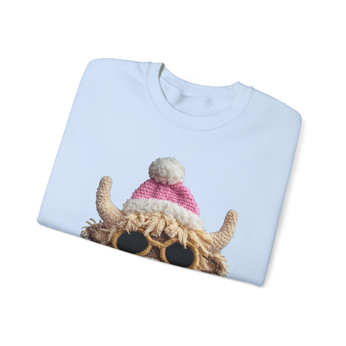 Faux Crochet Highland Cow Bubblegum – Gildan Heavy Blend | Trendy Women’s Soft Sweatshirt. Direct to Garment. Printed & Shipped in the USA. Unisex Sizes.