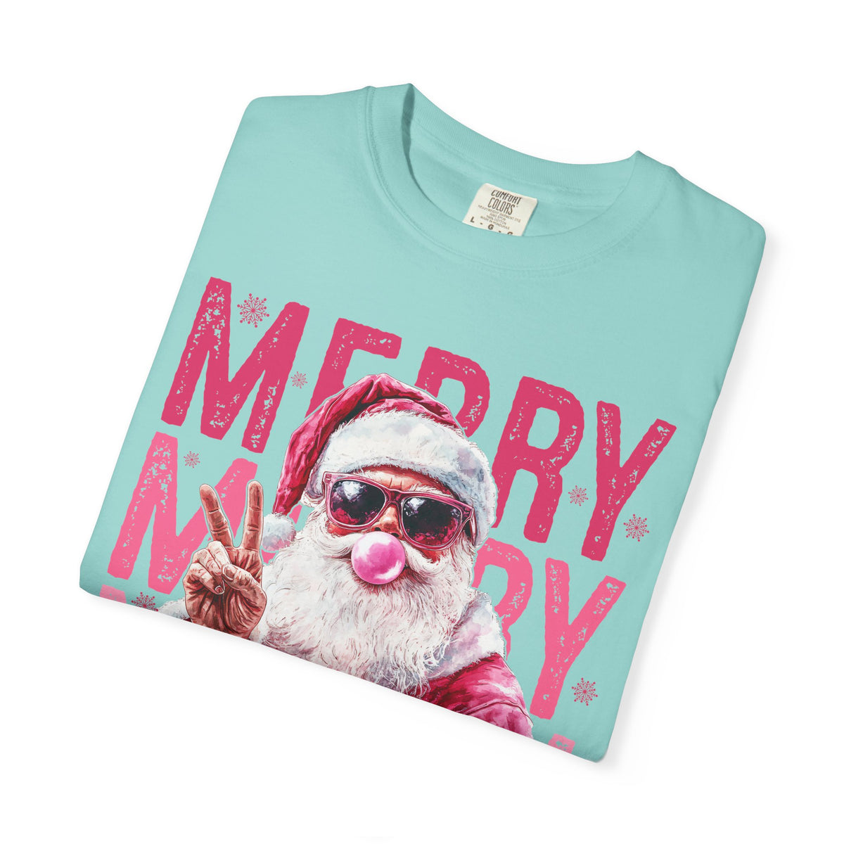 Pink Merry Christmas Bubblegum Santa - Comfort Colors | Trendy Women's T-Shirt. Direct to Garment. Printed & Shipped in the USA. Unisex Sizes.