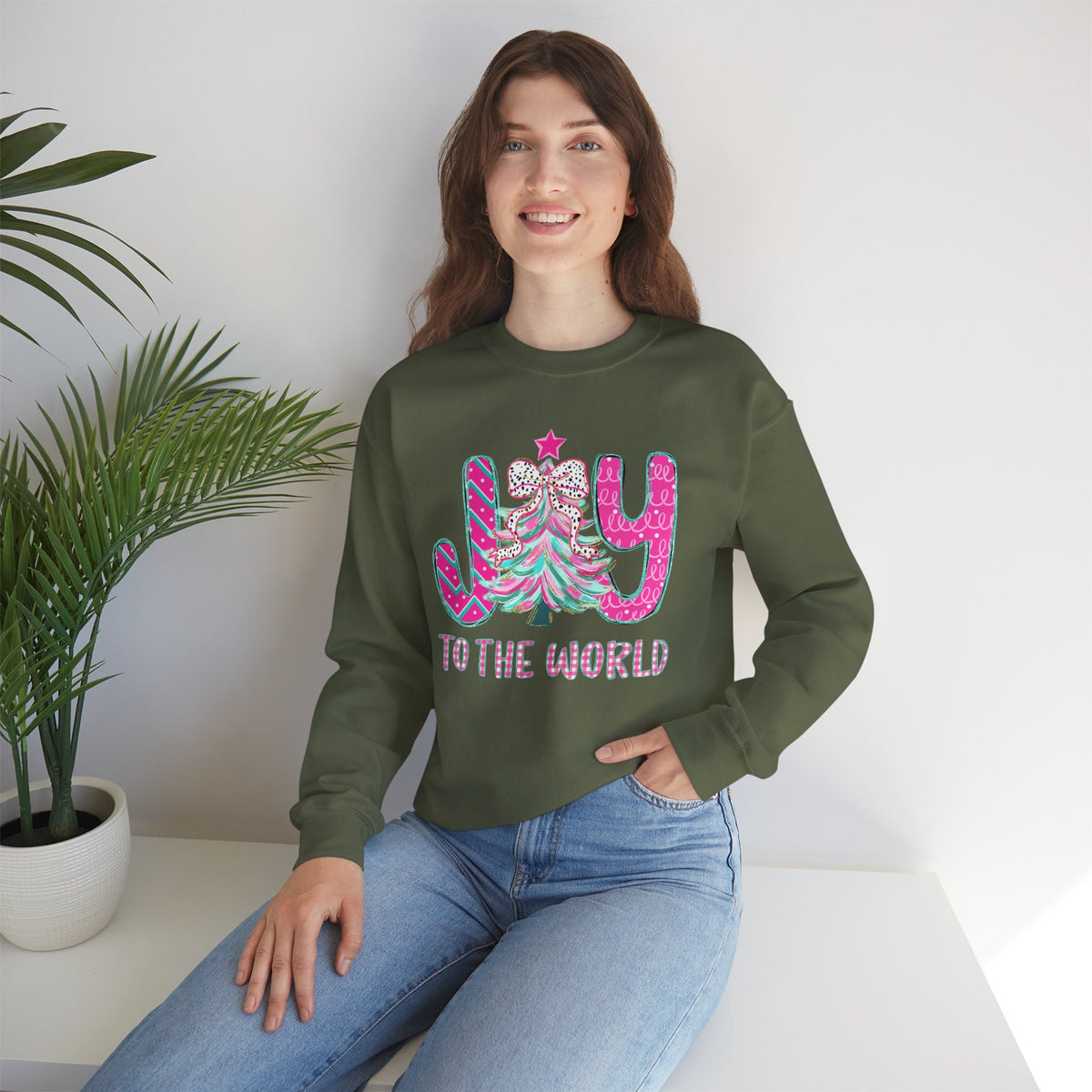 Joy to the World w/Christmas Tree Pink and Teal – Gildan Heavy Blend | Trendy Women’s Soft Sweatshirt. Direct to Garment. Printed & Shipped in the USA. Unisex Sizes.