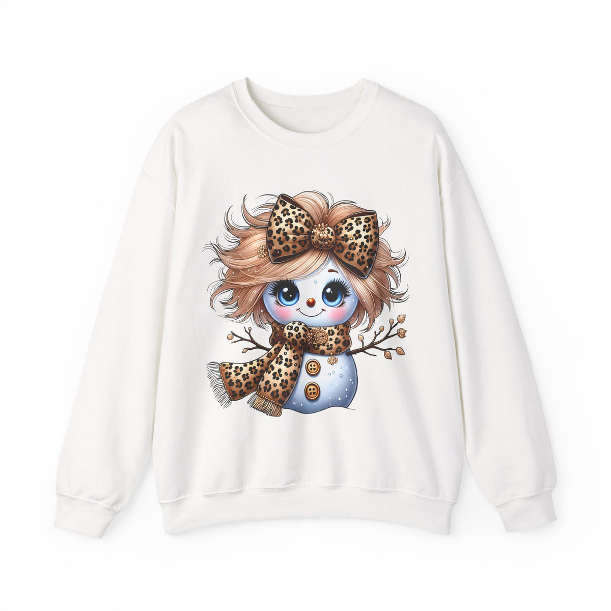 Snowgirl Cute Leopard Bow Snowman, Winter Cozy – Gildan Heavy Blend | Trendy Women’s Soft Sweatshirt. Direct to Garment. Printed & Shipped in the USA. Unisex Sizes.